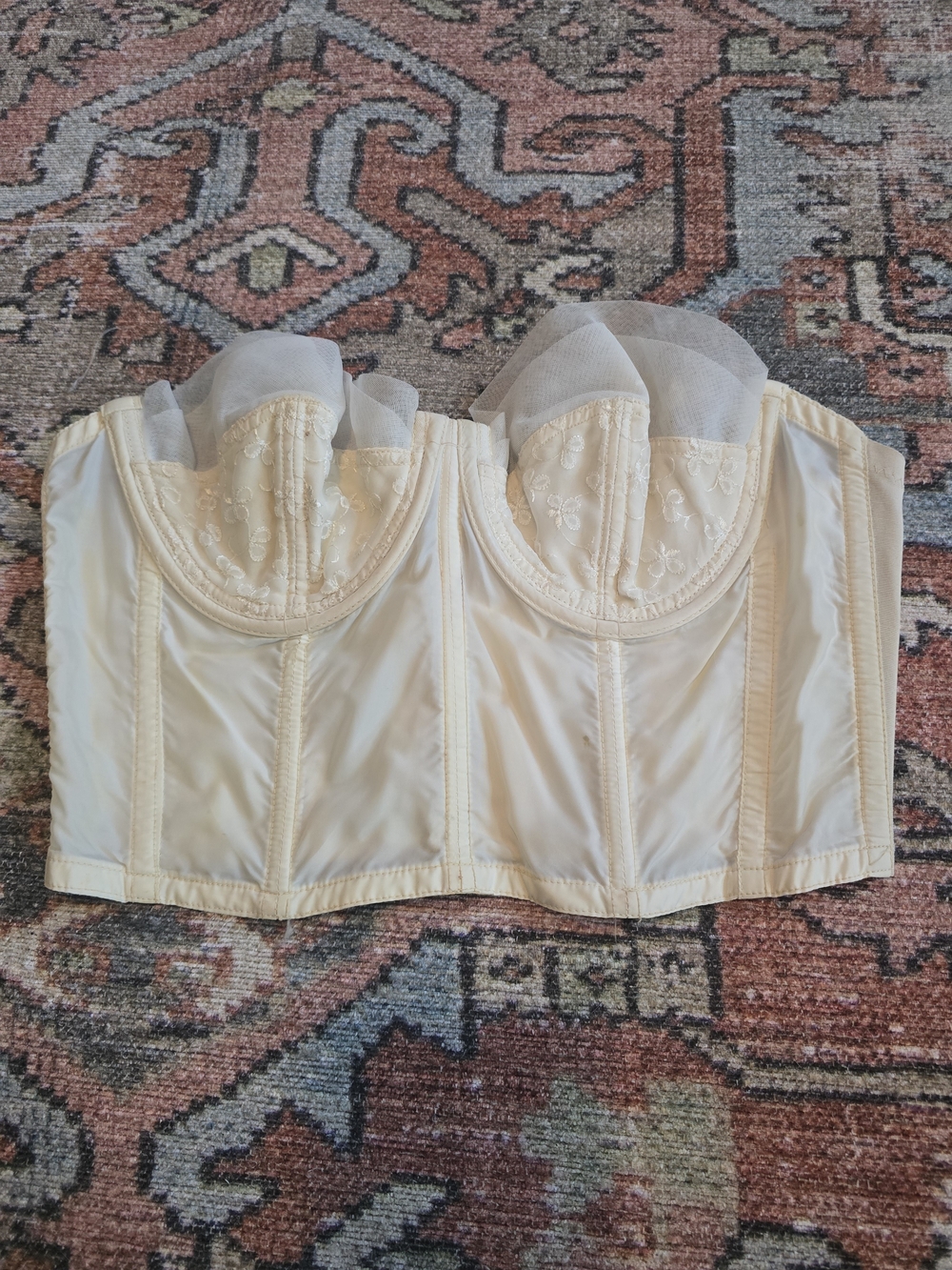 Vintage Cream Longline Bustier Corset Bra with Embroidered Cups